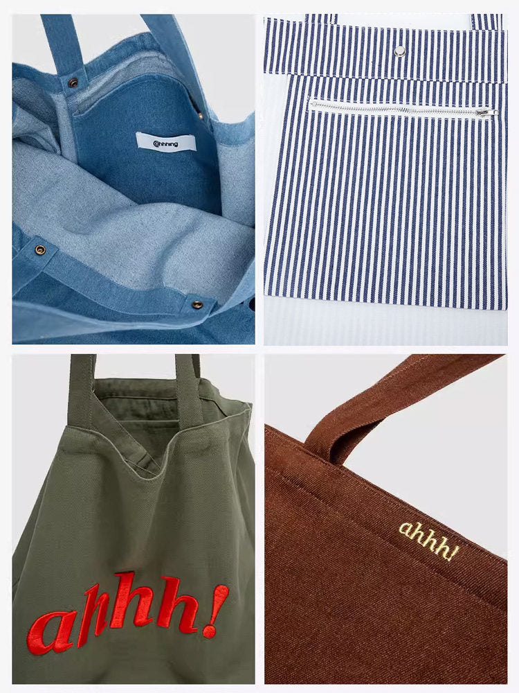 AHHH Logo Print Striped Tote Bag