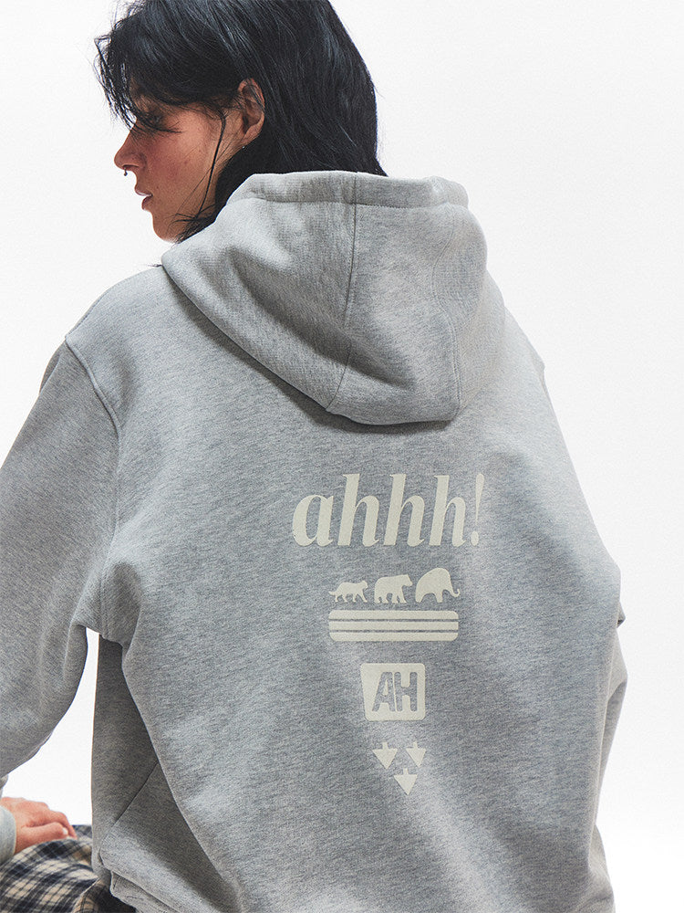 AHHH Logo Print Fleece Cotton Hoodies - Gray