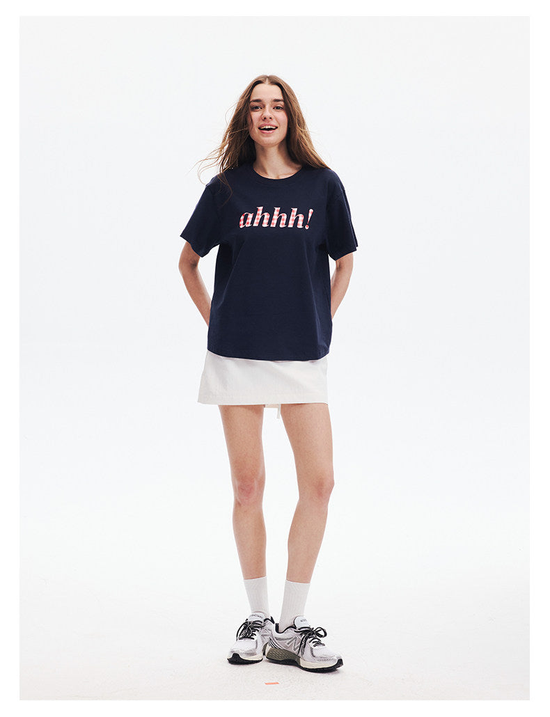 AHHH Plaid Logo Print T-shirt - Navy