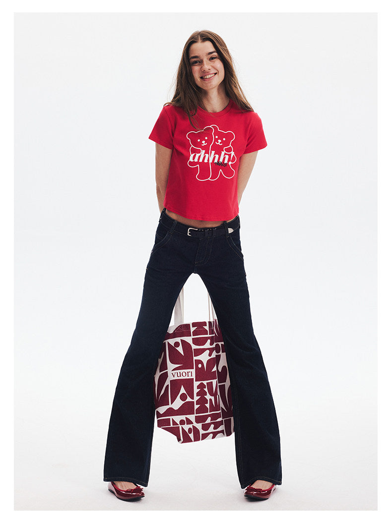 AHHH Logo Bear Print Cute T-shirt - Red