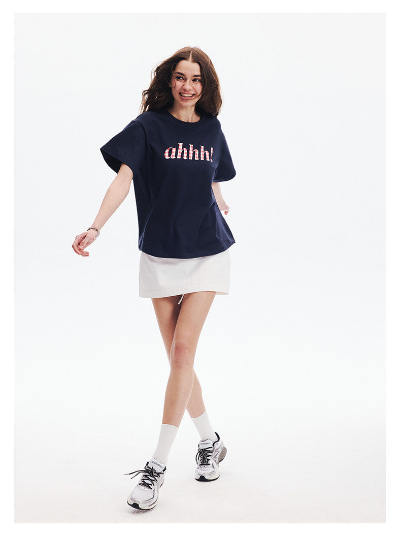 AHHH Plaid Logo Print T-shirt - Navy