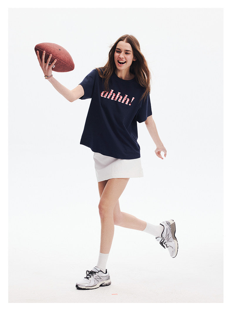 AHHH Plaid Logo Print T-shirt - Navy