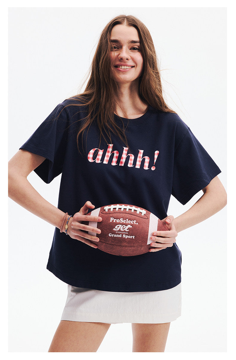 AHHH Plaid Logo Print T-shirt - Navy