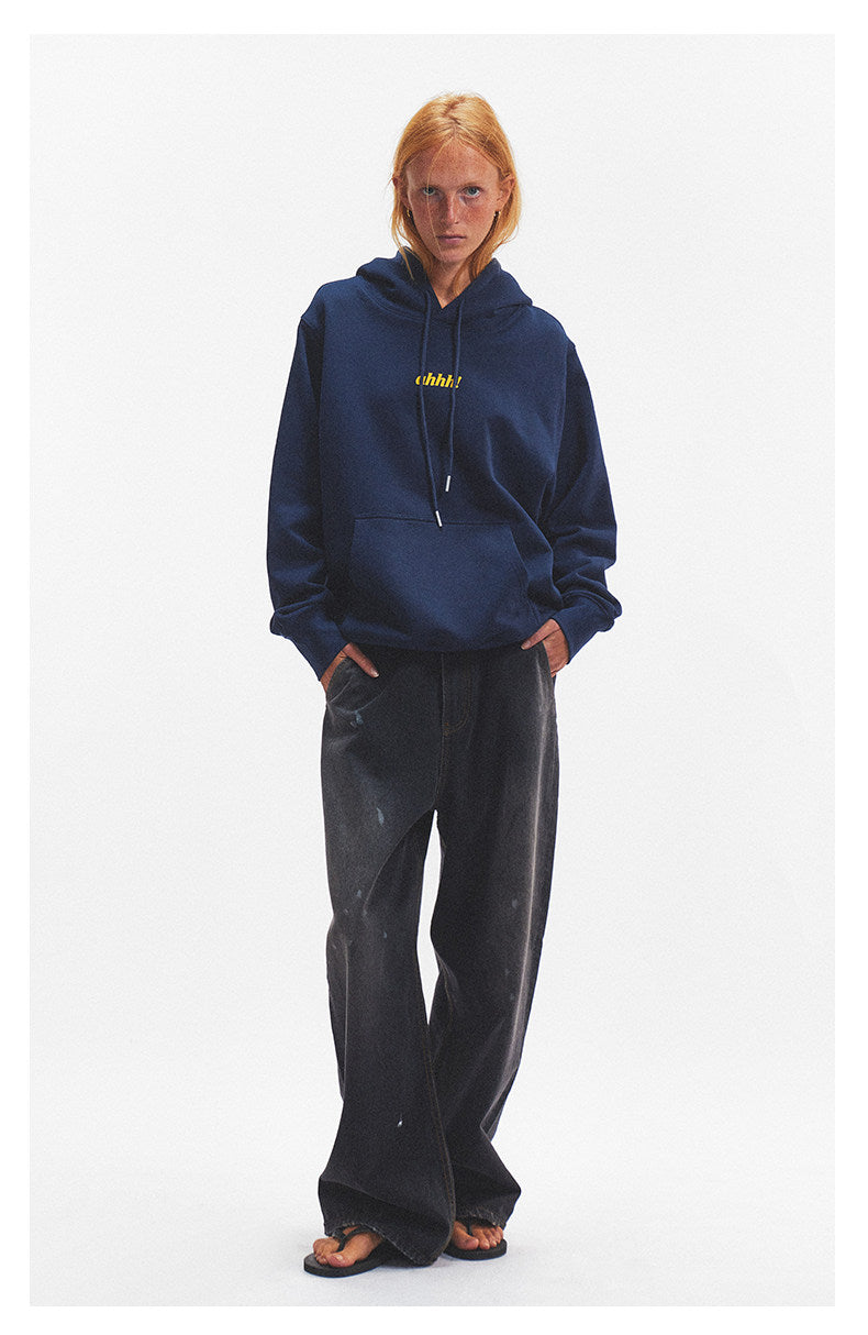 AHHH Logo Print Fleece Cotton Hoodies - Navy