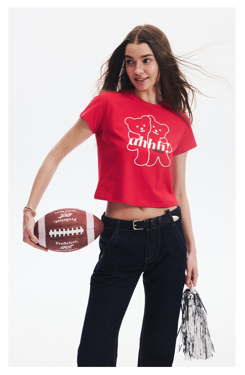 AHHH Logo Bear Print Cute T-shirt - Red