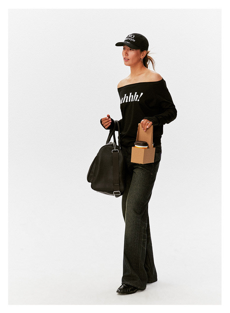 AHHH Logo Print Off Shoulder Shirt - Black