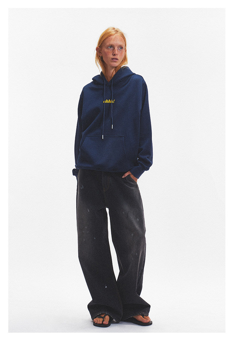 AHHH Logo Print Fleece Cotton Hoodies - Navy