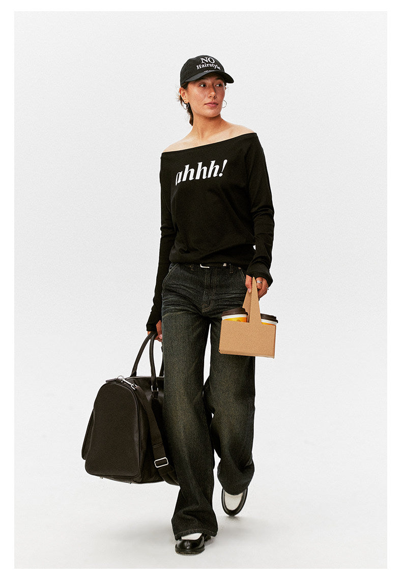 AHHH Logo Print Off Shoulder Shirt - Black