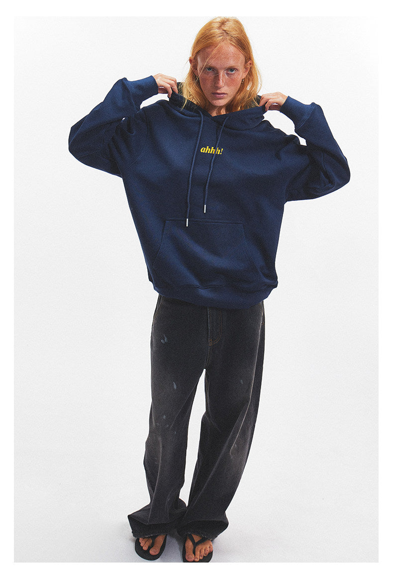 AHHH Logo Print Fleece Cotton Hoodies - Navy