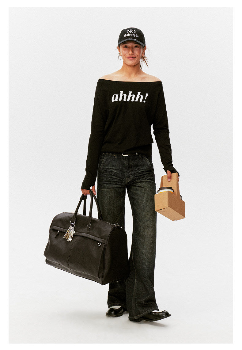AHHH Logo Print Off Shoulder Shirt - Black