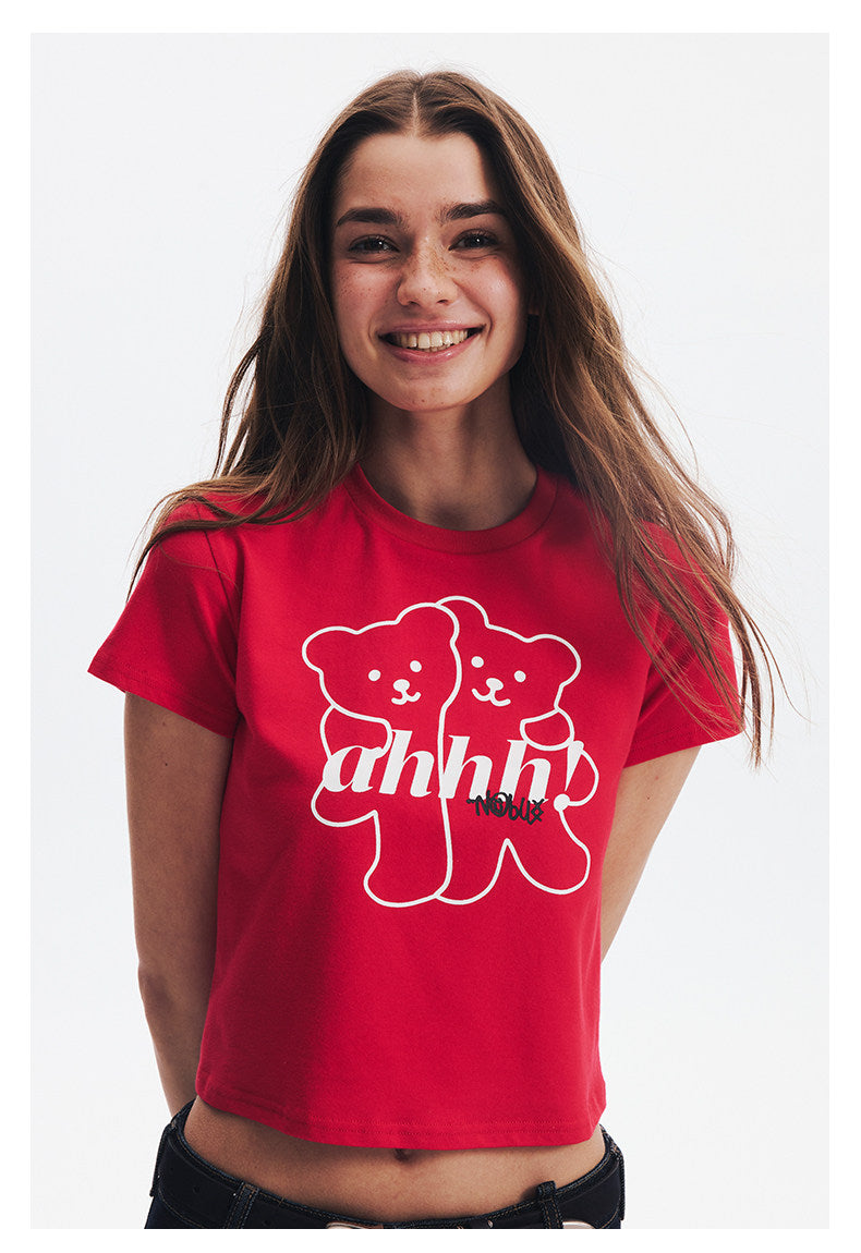 AHHH Logo Bear Print Cute T-shirt - Red