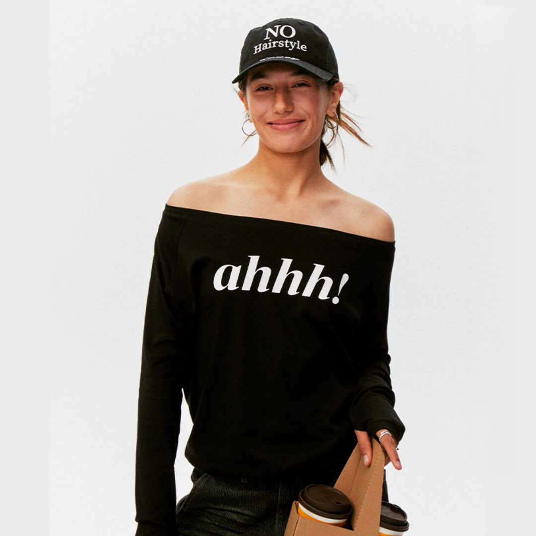 AHHH Logo Print Off Shoulder Shirt - Black
