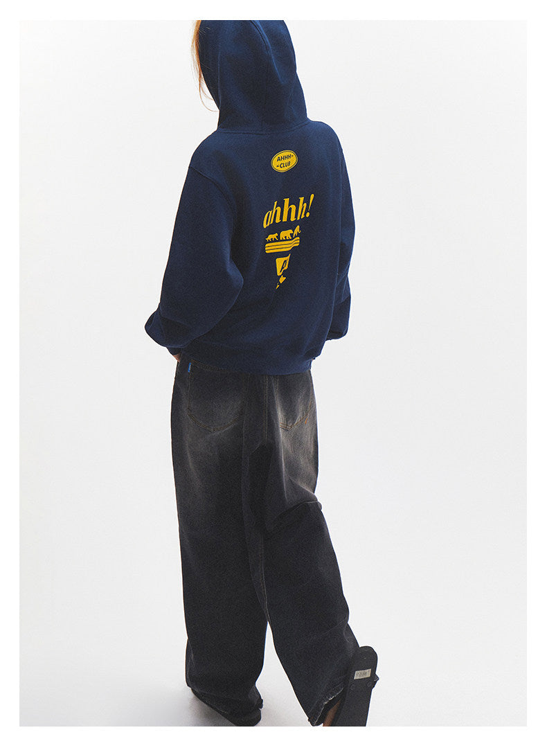 AHHH Logo Print Fleece Cotton Hoodies - Navy