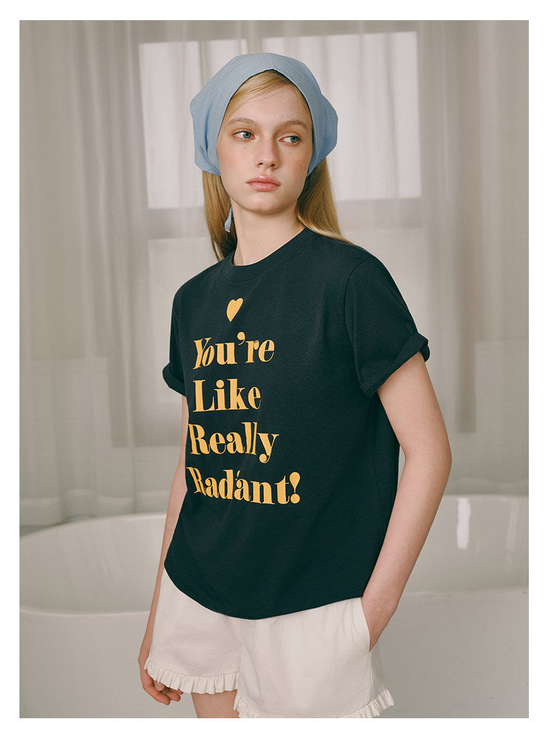 Love-hearted Letter Print T-shirt - Navy