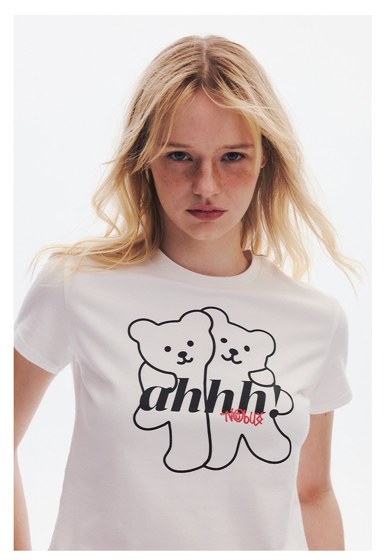 AHHH Logo Bear Print Cute T-shirt - White