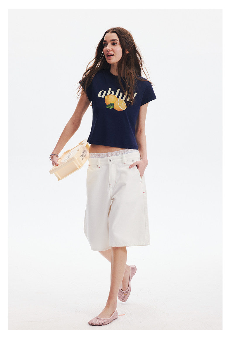 AHHH Logo Fruit Print Cute T-shirt - Navy