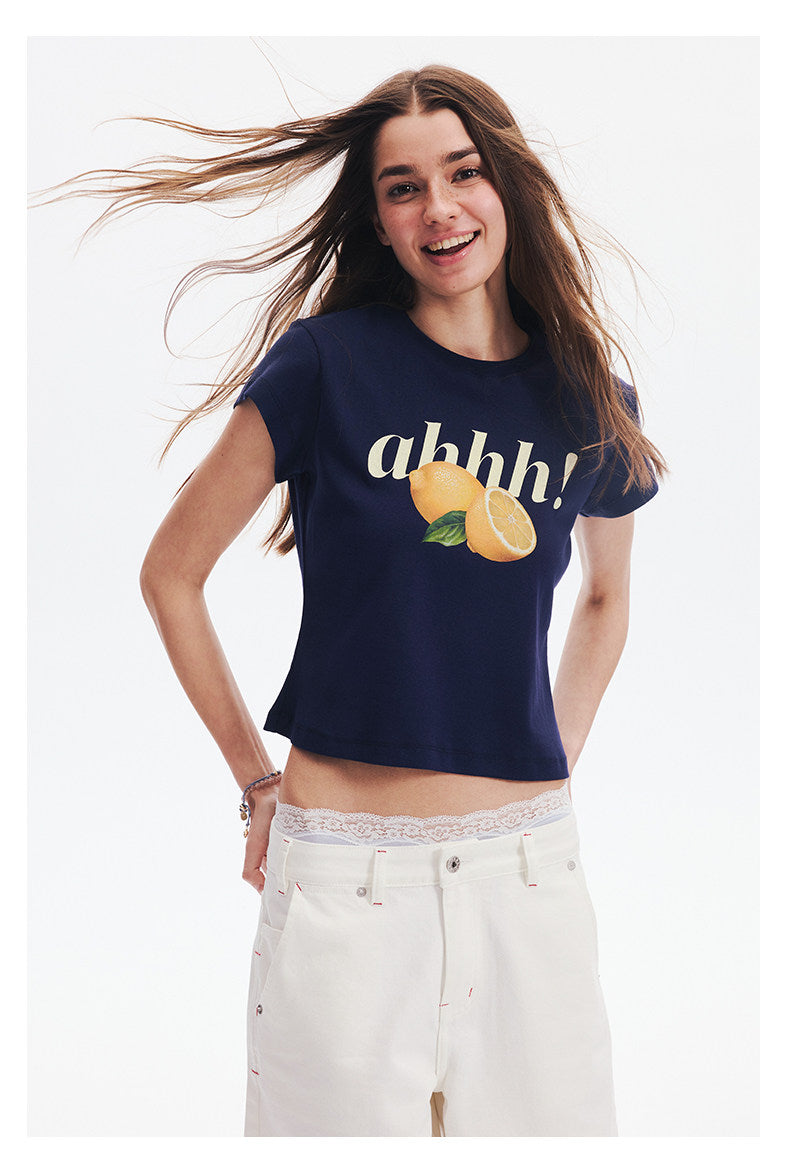 AHHH Logo Fruit Print Cute T-shirt - Navy