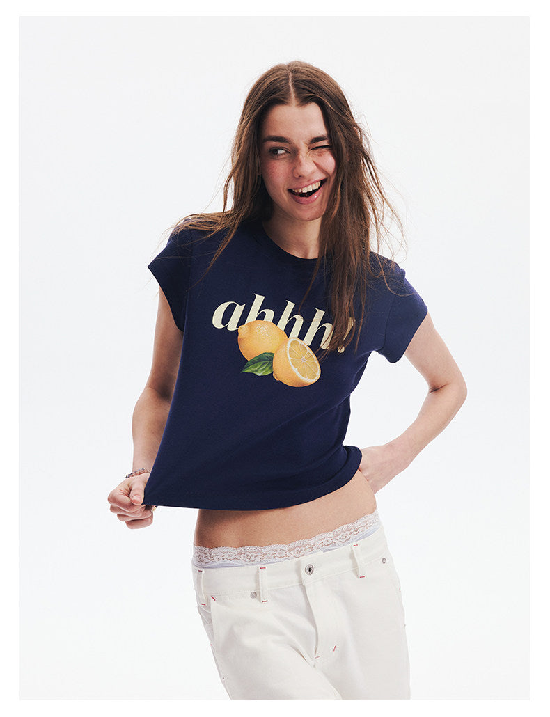 AHHH Logo Fruit Print Cute T-shirt - Navy