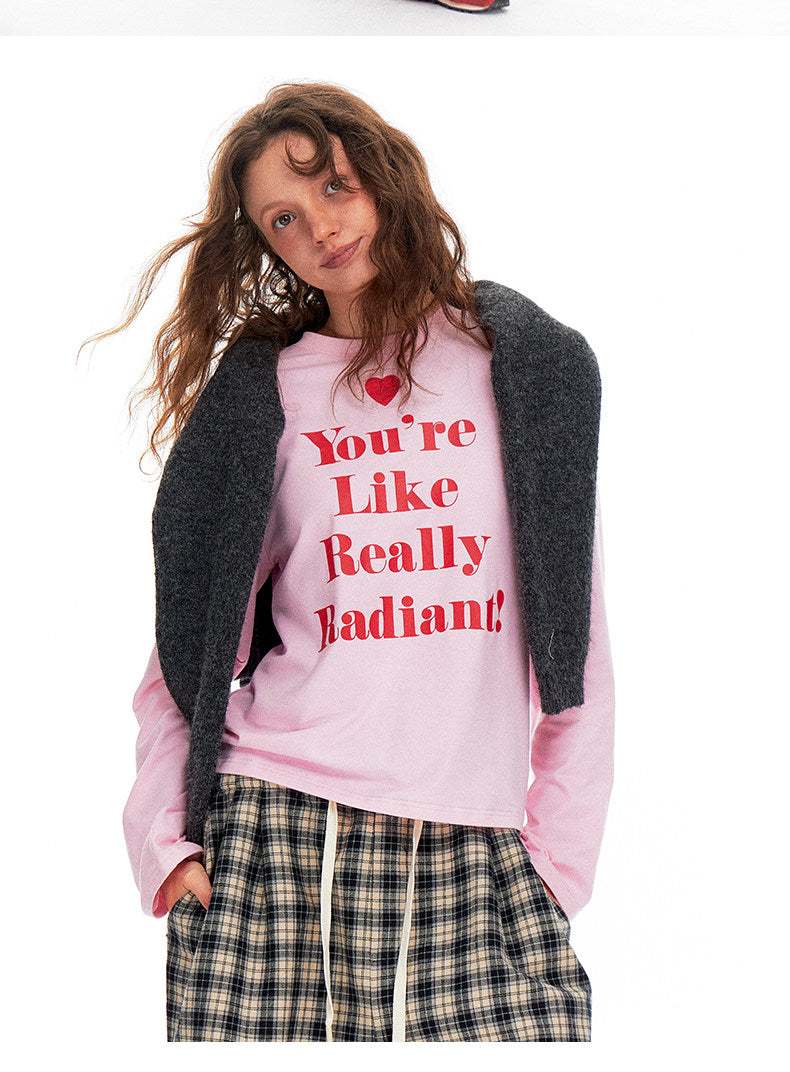 Love-hearted Letter Print Long Sleeve Shirt - Pink