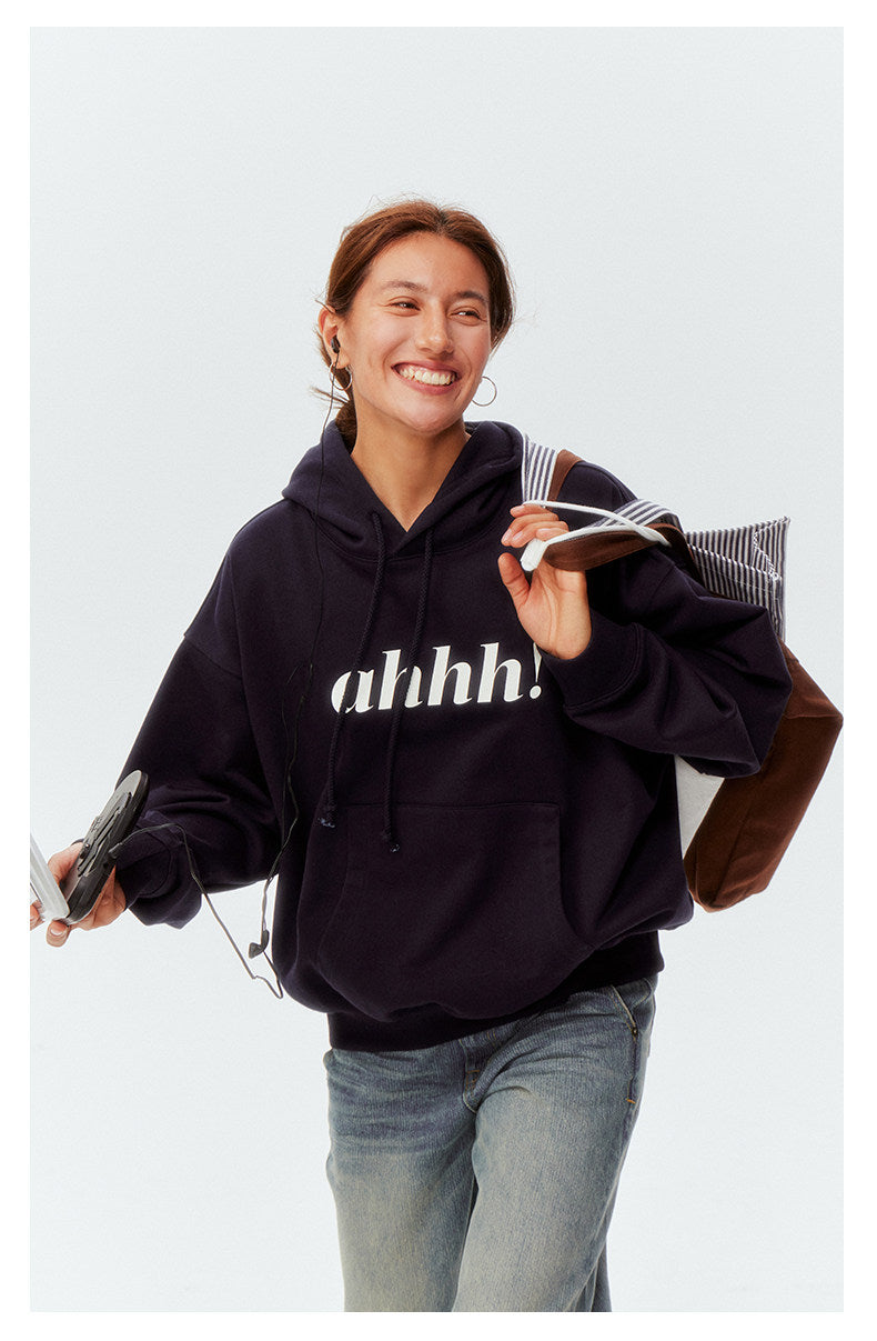 AHHH Logo Print Basic Hoodies - Navy