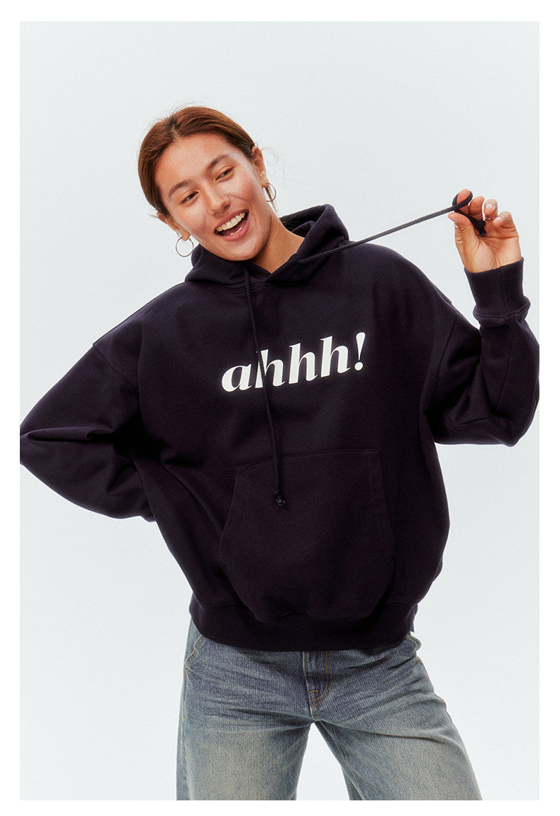 AHHH Logo Print Basic Hoodies - Navy