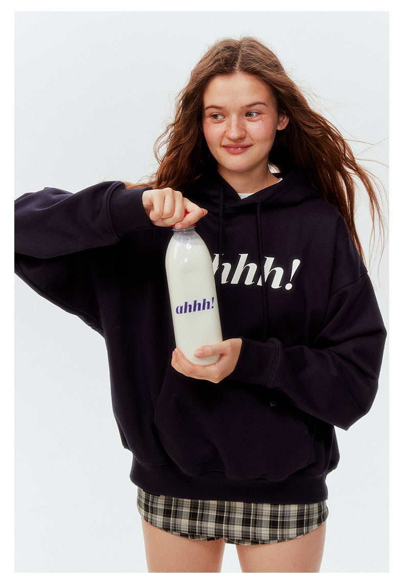 AHHH Logo Print Basic Hoodies - Navy