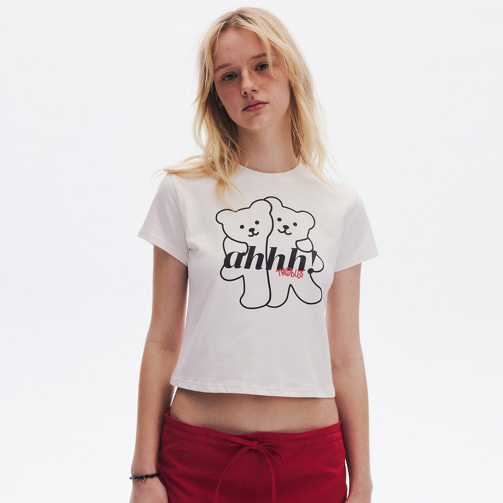 AHHH Logo Bear Print Cute T-shirt - White