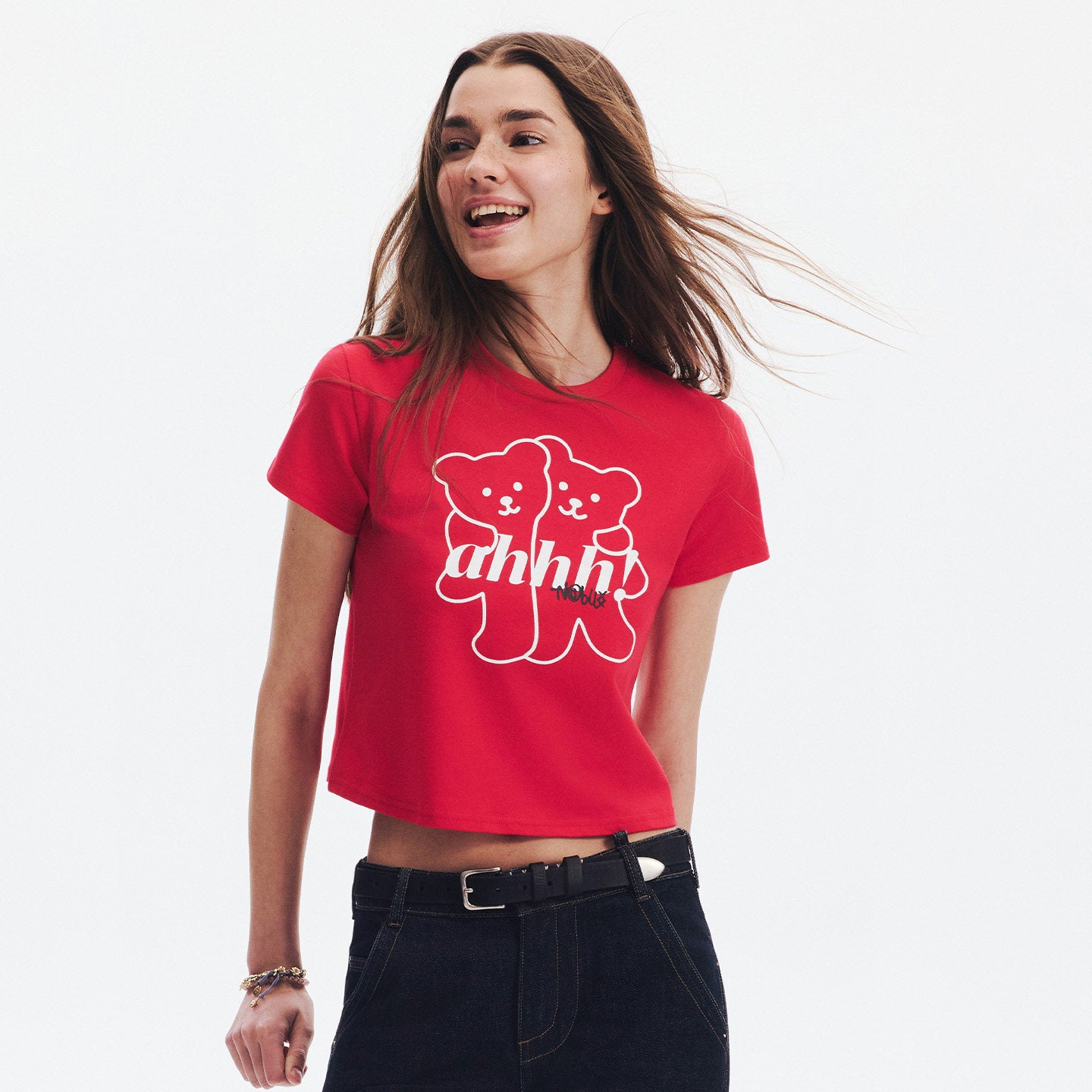 AHHH Logo Bear Print Cute T-shirt - Red