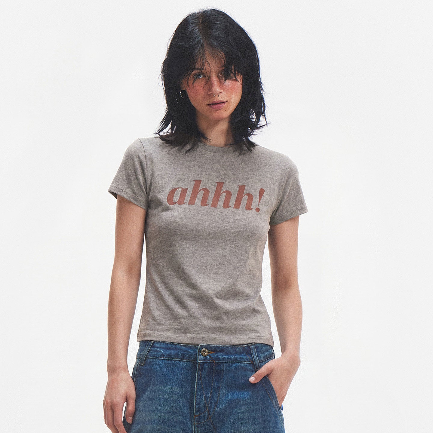 AHHH Logo Print Short Sleeve T-shirt - Gray